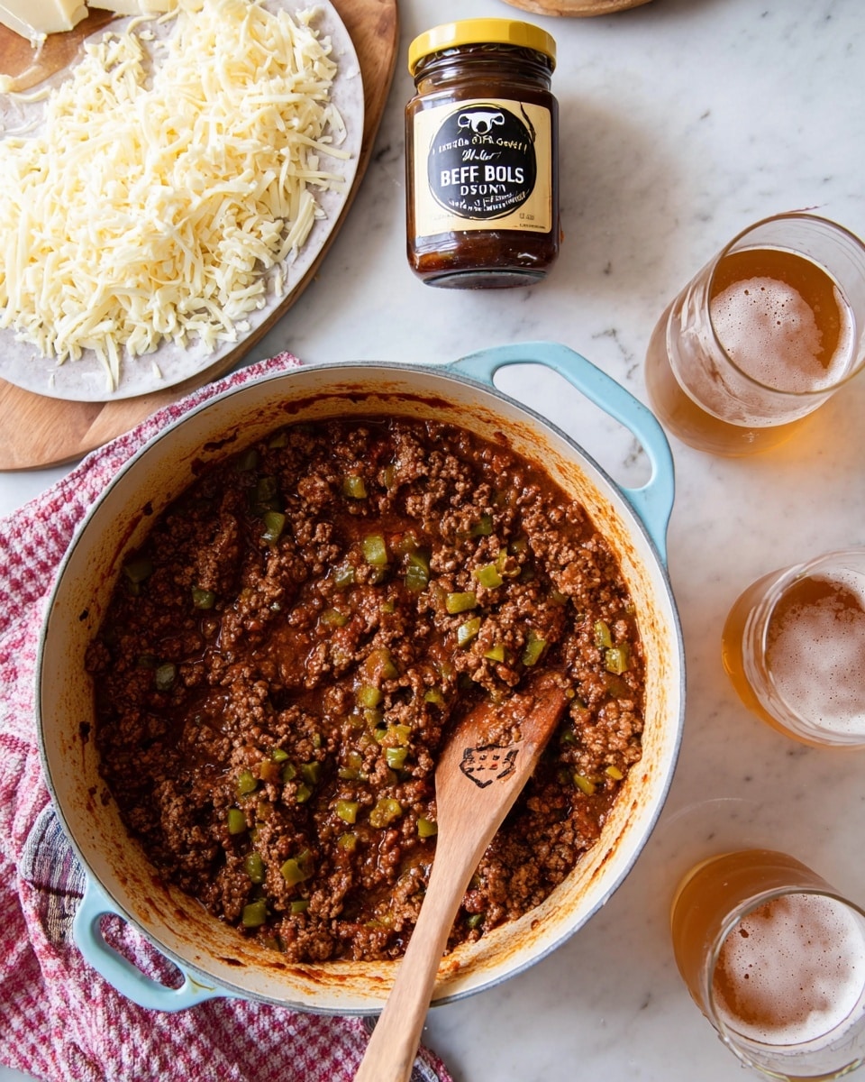 A sandwich is shown on a white plate with a pile of thin, round potato chips next to it. The sandwich has a soft, round, golden-brown bun with a bit of shine and a smooth texture on top. The bottom half of the bun holds a thick layer of ground meat mixed with small pieces of green bell pepper and chopped onions, all cooked together in a creamy brown sauce giving it a moist and chunky look. The plate sits on a white marbled surface. photo taken with an iphone --ar 4:5 --v 7