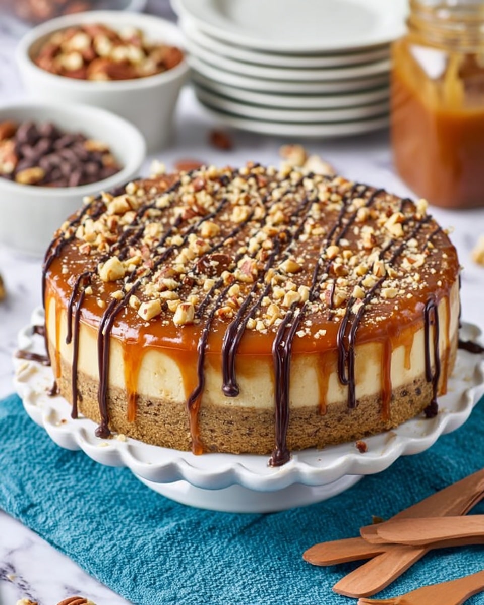 A slice of cheesecake on a white plate with a blue tint, resting on a white marbled surface. The cheesecake has three layers: the base is a crumbly light brown crust, the middle is thick and creamy white cheesecake, and a thin dark chocolate layer near the bottom. The top is covered with caramel sauce and chocolate drizzle, which flows down the sides, sprinkled with small pieces of nuts. In the background, there is a white plate with a whole cheesecake and a blurred white bowl filled with nuts. Photo taken with an iphone --ar 4:5 --v 7