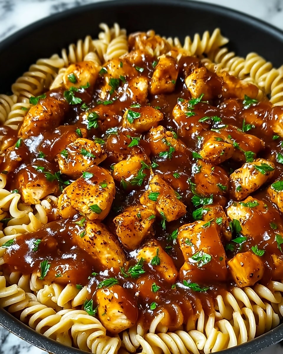 A close-up view of a pan filled with rotini pasta and diced chicken chunks coated in a thick, glossy, dark brown sauce. The pasta is spiraled and spiral-shaped, light tan in color, and sits below and around the chicken pieces. The chicken pieces are golden-brown with specks of black pepper and sauce glistening on their surface. Bright green parsley leaves are sprinkled evenly over the top for color contrast. The background shows a white marbled texture. photo taken with an iphone --ar 4:5 --v 7