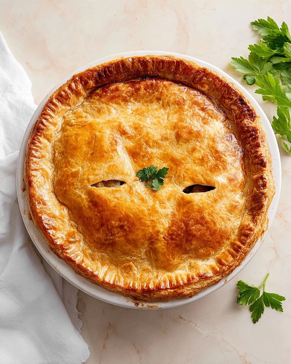 A round pie sits in a white ceramic dish on a white marbled surface, the pie having a thick, golden-brown crust on top with a shiny, slightly textured glaze. The top crust is slightly domed, with two small oval cut-outs near the center, revealing a bit of the filling inside. A small green parsley leaf rests in the middle of the pie, adding a pop of color. The crust edges are crimped and browned from baking. To the right of the pie, some fresh green parsley leaves are placed casually, and a white cloth napkin is folded near the left side of the dish. Photo taken with an iphone --ar 4:5 --v 7