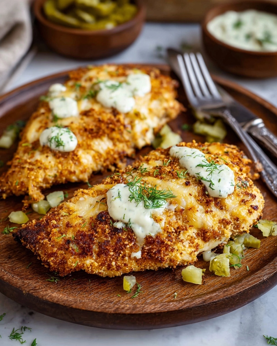 Two golden brown, crispy chicken breasts lie on a round wooden plate. Each chicken piece is coated with a crunchy breadcrumb layer mixed with melted cheese, giving a slightly rough texture. Small white dollops of creamy sauce with visible green herbs are scattered over the chicken. Around and under the chicken, small pieces of chopped pickles add a fresh green touch. The setting includes silver fork and knife on the right side and a white marbled surface underneath, with blurred bowls of other food at the top. Photo taken with an iphone --ar 4:5 --v 7