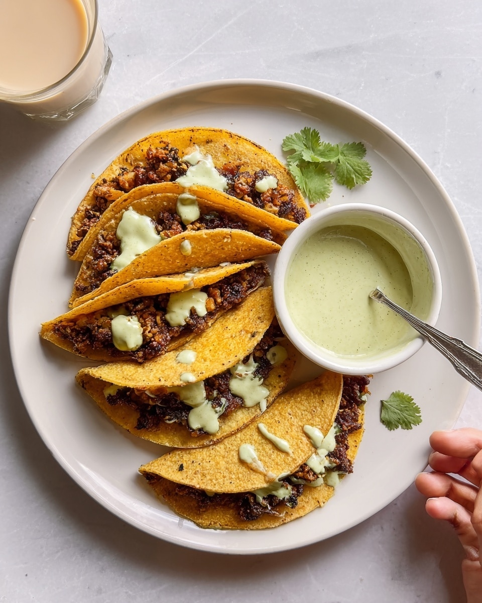 The image shows a white round plate on a white marbled surface, holding four folded tacos arranged in a semi-circle. Each taco has warm, golden-brown soft corn tortillas filled with dark cooked meat that looks juicy and slightly charred. On top of the tacos, there are dollops and drizzles of a pale green creamy sauce, with one cilantro leaf as garnish on the plate near the tacos. To the right side of the plate, there is a small white bowl filled with more of the same light green sauce, with a silver spoon resting inside it. In the top left corner of the image, a glass with a light beige drink is partially visible, and a woman's hand is seen gently touching one of the tacos. The whole scene is bright and inviting with clear, natural light. photo taken with an iphone --ar 4:5 --v 7