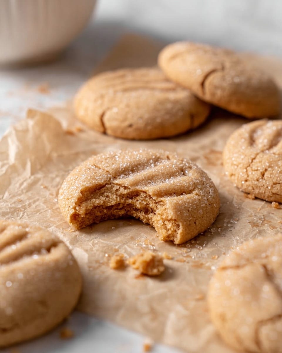 Several soft, light brown cookies with sugar crystals on top are spread on crinkled parchment paper. One cookie in the center is bitten, showing its chewy inside texture, while small crumbs lie next to it. The cookies have faint fork marks on their tops, giving them a homemade look. In the background, a white bowl is slightly blurred. The overall scene sits on a white marbled surface. photo taken with an iphone --ar 4:5 --v 7