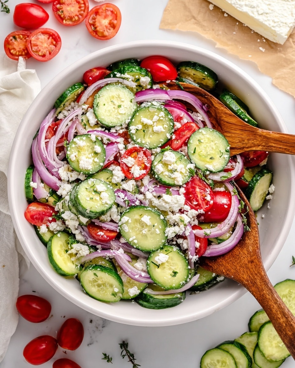 A white bowl filled with a fresh salad made of several layers, starting with thin green cucumber slices at the bottom, topped with halved bright red cherry tomatoes and small white cheese crumbles scattered all over. A creamy white dressing with flecks of green herbs is drizzled generously, covering many parts of the salad. Thin light yellow cheese shavings and a sprig of fresh green mint leaf sit on top, adding color and texture contrast. The bowl sits on a white marbled surface. photo taken with an iphone --ar 4:5 --v 7