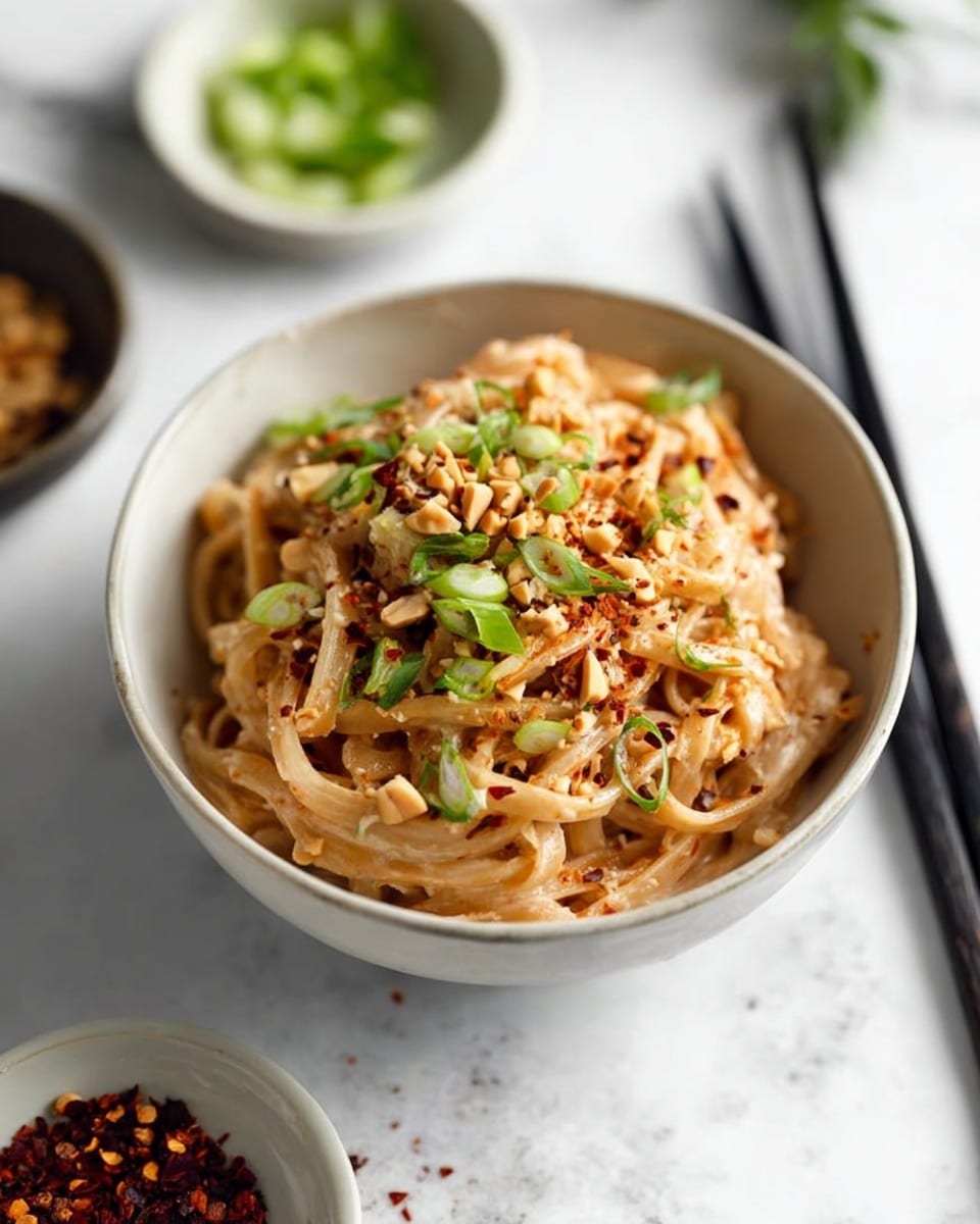 A white bowl is filled with creamy noodles coated in a light brown sauce. The noodles are topped with sliced green onions, crushed peanuts, and sprinkled red chili flakes, adding texture and color contrast. The bowl sits on a white marbled surface, accompanied by a pair of black chopsticks resting alongside it. In the background, there are small white bowls with extra green onions and chili flakes, partially blurred to keep focus on the main dish. Photo taken with an iphone --ar 4:5 --v 7