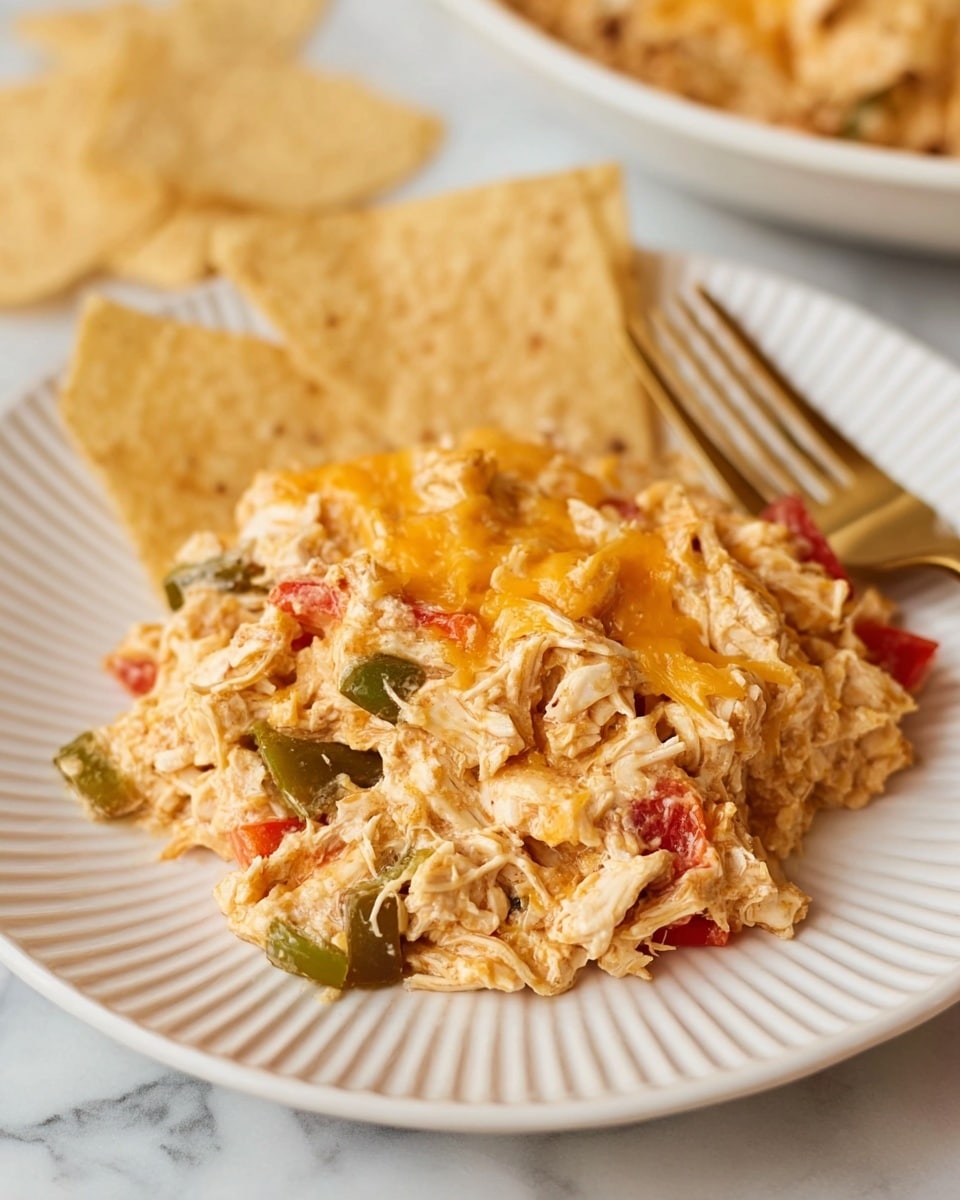 The dish shows a single layered serving of shredded chicken mixed with bits of green and red bell peppers and some melted light orange cheddar cheese on top, giving a slightly creamy texture all over. The chicken mixture is placed on a white ridged plate, with two light beige tortilla chips resting behind the food. A gold-colored fork is partially beneath the chicken, and the scene is set on a white marbled texture. Photo taken with an iphone --ar 4:5 --v 7