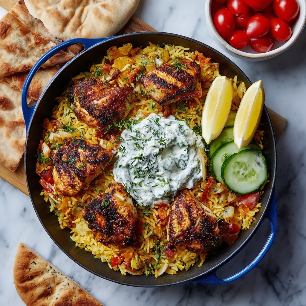 A large blue bowl holds a vibrant dish with a base layer of yellow-orange spiced rice mixed with small bits of vegetables like carrots and tomatoes. On top, there are several pieces of browned grilled chicken scattered around, each piece showing a crispy texture with charred spots. In the center is a generous dollop of white yogurt sauce mixed with green herbs, creating a creamy contrast. On one side, there are slices of fresh cucumber placed neatly, and two lemon wedges positioned opposite each other add a fresh touch. Around the bowl, pieces of folded flatbread and a small white bowl of bright red cherry tomatoes sit on a white marbled surface. photo taken with an iphone --ar 4:5 --v 7