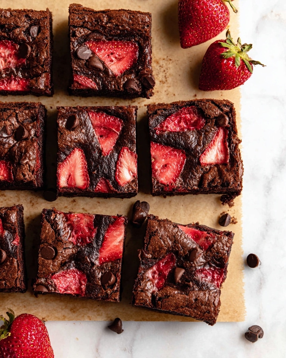 A group of nine square chocolate brownies is placed on parchment paper over a white marbled surface. Each brownie has a rich dark brown top layer with embedded slices of bright red strawberries creating a contrast, along with small, scattered chocolate chips adding texture. The strawberries have a firm texture and are partly sunken into the brownies. Two fresh whole strawberries are placed around the brownies on the surface. The brownies have a slight crust on top giving a cracked appearance with moist, dense centers visible on the edges where pieces are separated. photo taken with an iphone --ar 4:5 --v 7