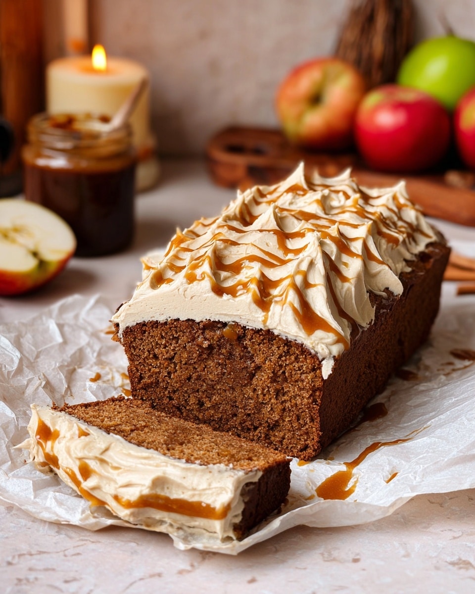 A moist brown loaf cake with one slice cut and laid flat in front, topped with a thick layer of creamy, off-white frosting that has a soft, whipped texture and is swirled with light brown caramel drizzle across the top. The loaf rests on crinkled white parchment paper, placed on a white marbled surface. In the background, there are red and greenish apples, a small jar containing dark brown spread, a lit candle with dripping wax, and some blurred kitchen items. Photo taken with an iphone --ar 4:5 --v 7