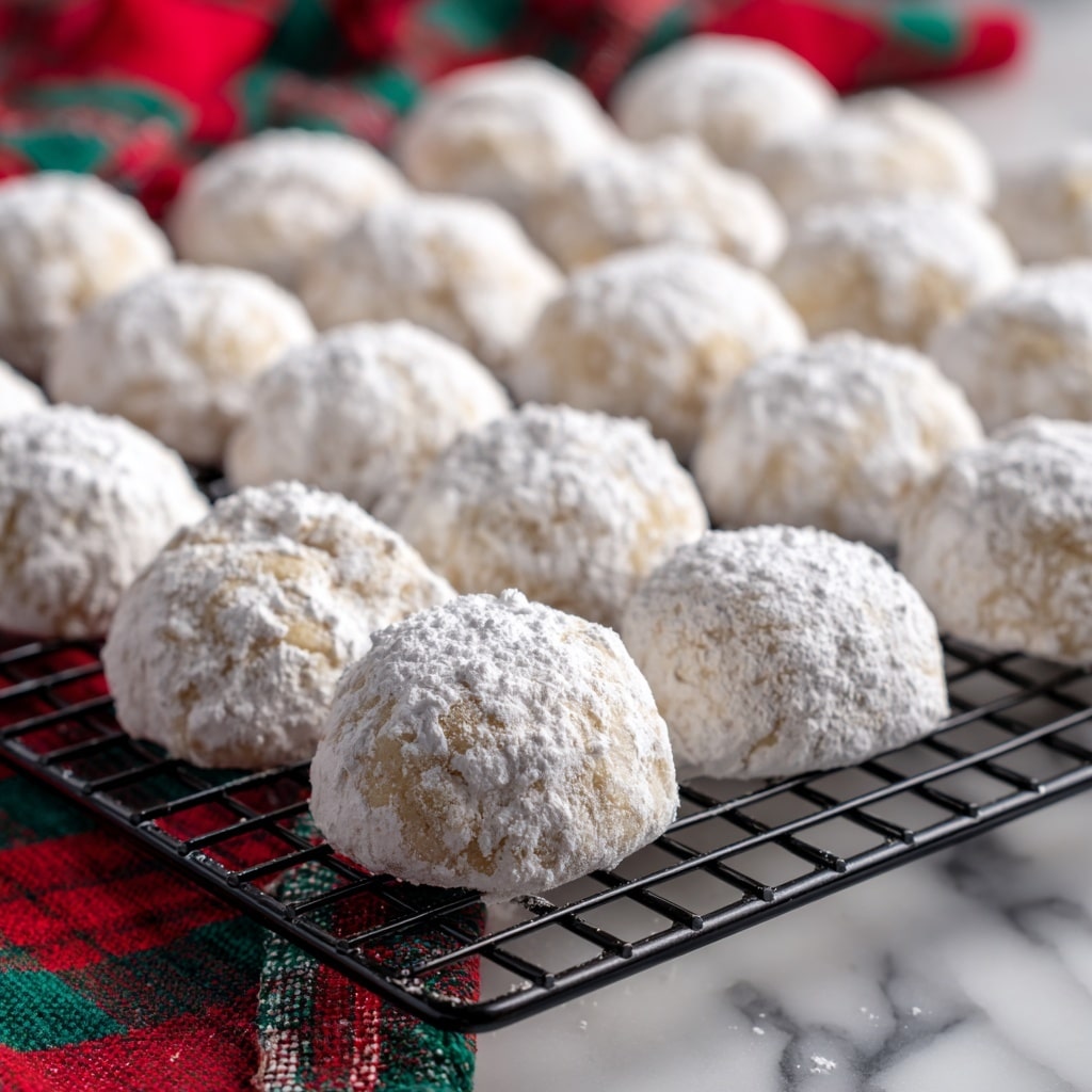 The image shows a white plate filled with round snowball cookies dusted with powdered sugar, giving them a soft, snowy white outer layer. One cookie is broken in half and held above the plate, showing a bright red, jam-like filling inside with a slightly glossy texture. On the plate's surface, more powdered sugar is lightly sprinkled, and two fresh raspberries with a textured, deep red color are placed in front of the cookies. The background features blurred warm yellow lights and green fir branches, suggesting a festive setting, all on a white marbled surface. Photo taken with an iphone --ar 4:5 --v 7