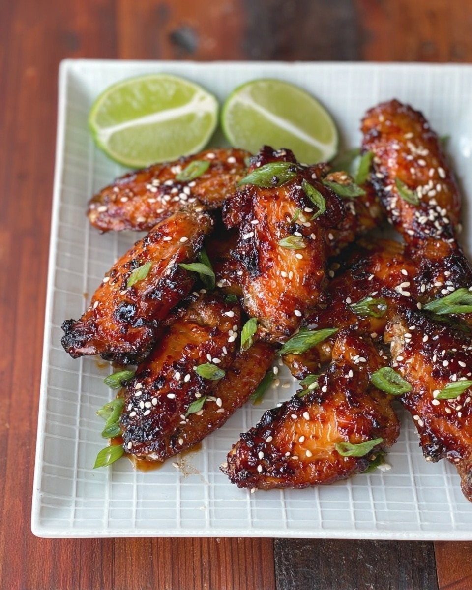 A white square plate with a grid pattern holds seven grilled chicken wings covered in a dark red glaze, showing slight charring on the edges. The wings are sprinkled with white sesame seeds and garnished with small green onion slices scattered on top and around the plate. Two lime wedges are placed at the upper left corner of the plate. The plate rests on a white marbled surface with green onion stalks next to it. In the background, a glass filled with golden beer with some foam on top and a bottle with a green label are slightly blurred, along with a wooden-handled bottle opener. photo taken with an iphone --ar 4:5 --v 7