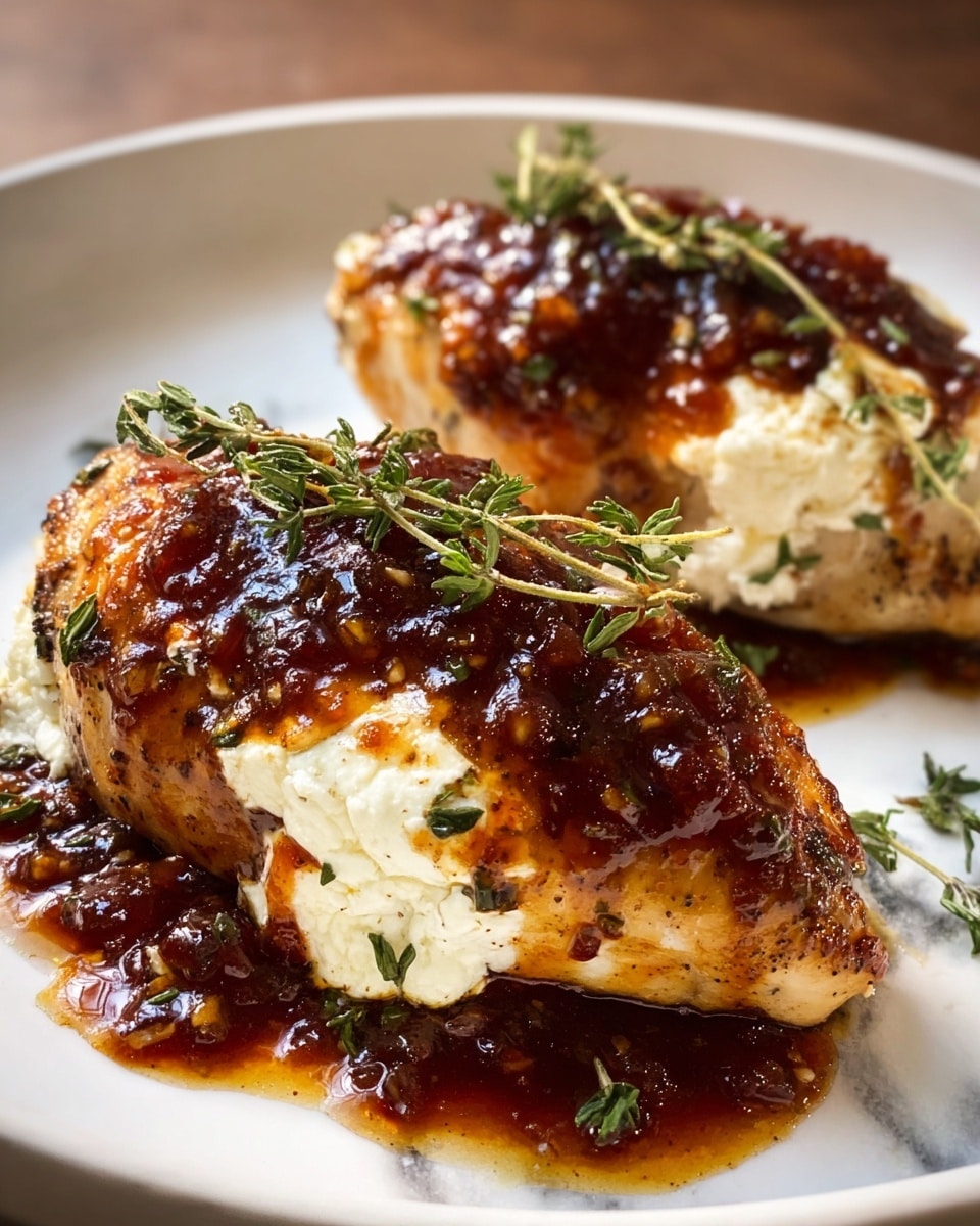 Two pieces of cooked chicken breasts sit on a white plate with a white marbled texture underneath. Each chicken breast is topped with a thick, white creamy cheese layer that looks soft and slightly crumbly. Over the cheese, there is a glossy, dark reddish-brown sauce with a chunky texture that spreads down the sides of the chicken and pools a little on the plate. Small green herb leaves are sprinkled on top, with a sprig of fresh green thyme placed on each piece. The chicken skin is golden brown and slightly shiny from the sauce. The photo taken with an iphone --ar 4:5 --v 7
