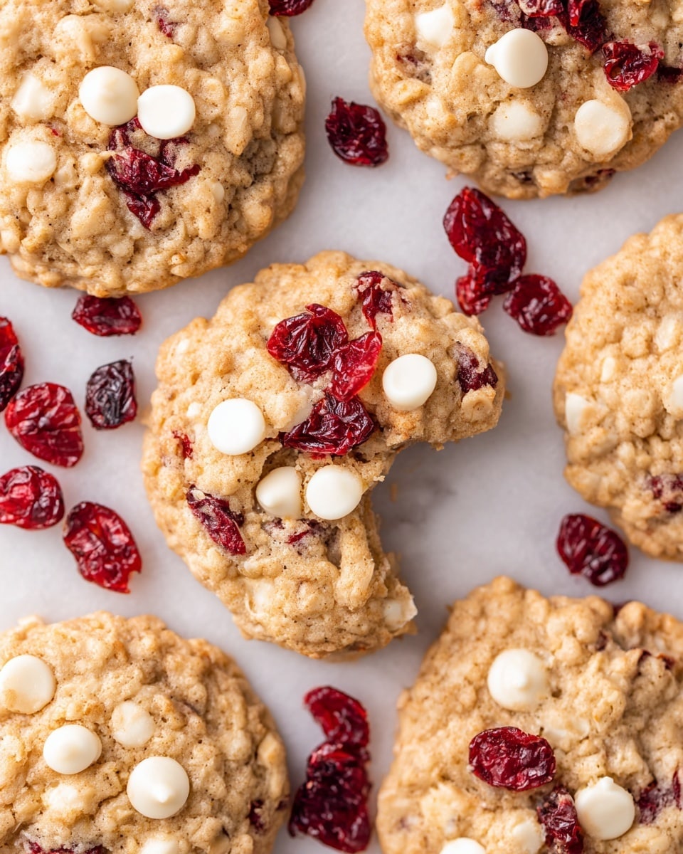Several oatmeal cookies with a light golden-brown color are arranged closely together on a white marbled surface. Each cookie is about one layer thick, showing a rough texture with visible oats, scattered with bright red dried cranberries and large white chocolate chips that sit slightly raised on the surface. One cookie in the center has a bite taken out, revealing a soft, chewy inside with bits of cranberries and white chocolate spread throughout. More dried cranberries are sprinkled around the cookies, adding a contrasting deep red against the pale cookies and background. photo taken with an iphone --ar 4:5 --v 7