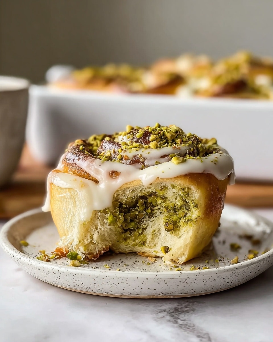 A white rectangular baking dish holds seven cinnamon rolls closely packed together. Each roll has a visible spiral of soft, golden-brown dough, generously covered with a thick, creamy light green frosting. The frosting has a smooth texture with slight swirls and partially seeps into the gaps between the rolls. Small chunks of chopped pistachios, in shades of green and brown, are sprinkled evenly over the frosting, adding a rough texture on top. The dish is placed on a wooden surface. photo taken with an iphone --ar 4:5 --v 7