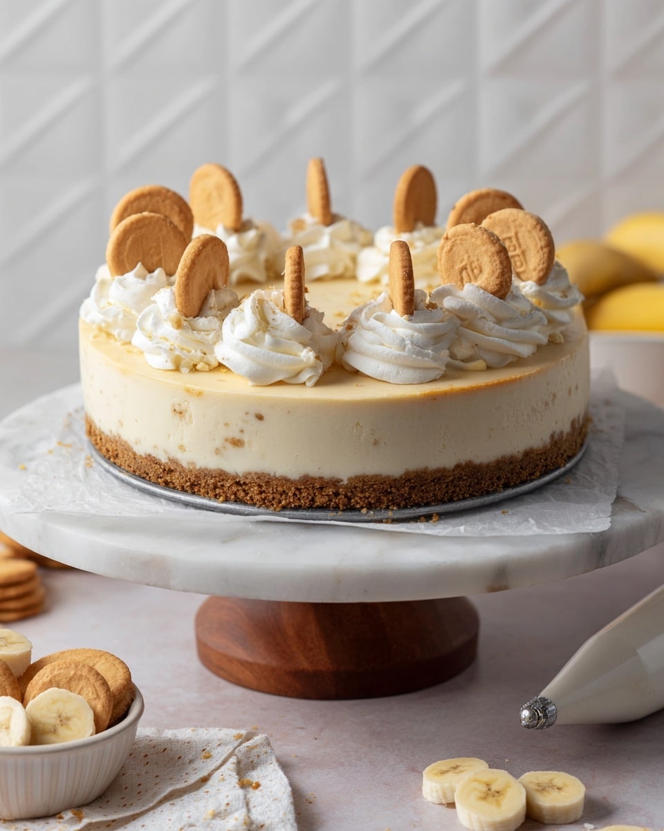 A single slice of creamy banana cheesecake sits on a white plate with speckles, showing three clear layers: a crumbly golden brown cookie crust at the bottom, a thick pale yellow cheesecake filling in the middle, and a smooth light yellow top layer. The cheesecake is topped with a swirl of white whipped cream, a round vanilla wafer cookie, and a fresh banana slice leaning against the cookie. In the background, a white marbled surface has broken cookie pieces and a whole banana. The soft light highlights the smooth textures and pale colors of the dessert. photo taken with an iphone --ar 4:5 --v 7