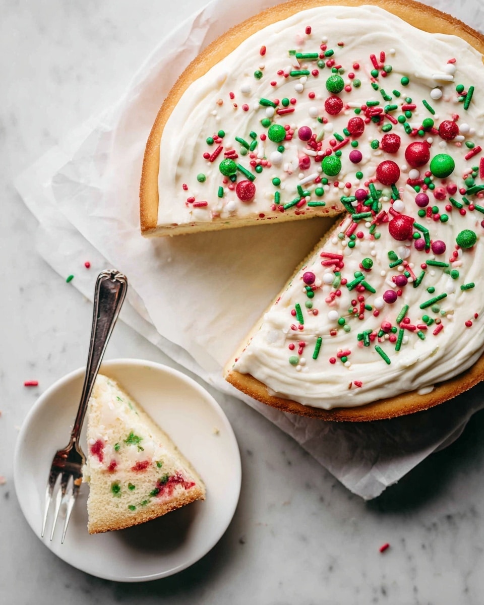 The image shows a round cake with a thick golden-brown crust at the base. On top, there is a smooth layer of white frosting spread evenly in a swirl pattern. The frosting is decorated with colorful sprinkles in red, green, pink, and white, including small balls and short rods scattered mainly on the center and edges. One slice has been cut out and placed on a white plate next to the cake, revealing the inside of the cake which is light-colored with red, green, and blue spots, looking soft and moist. A silver fork rests next to the slice on the plate. The cake and plate are set on a white marbled surface. Photo taken with an iphone --ar 4:5 --v 7