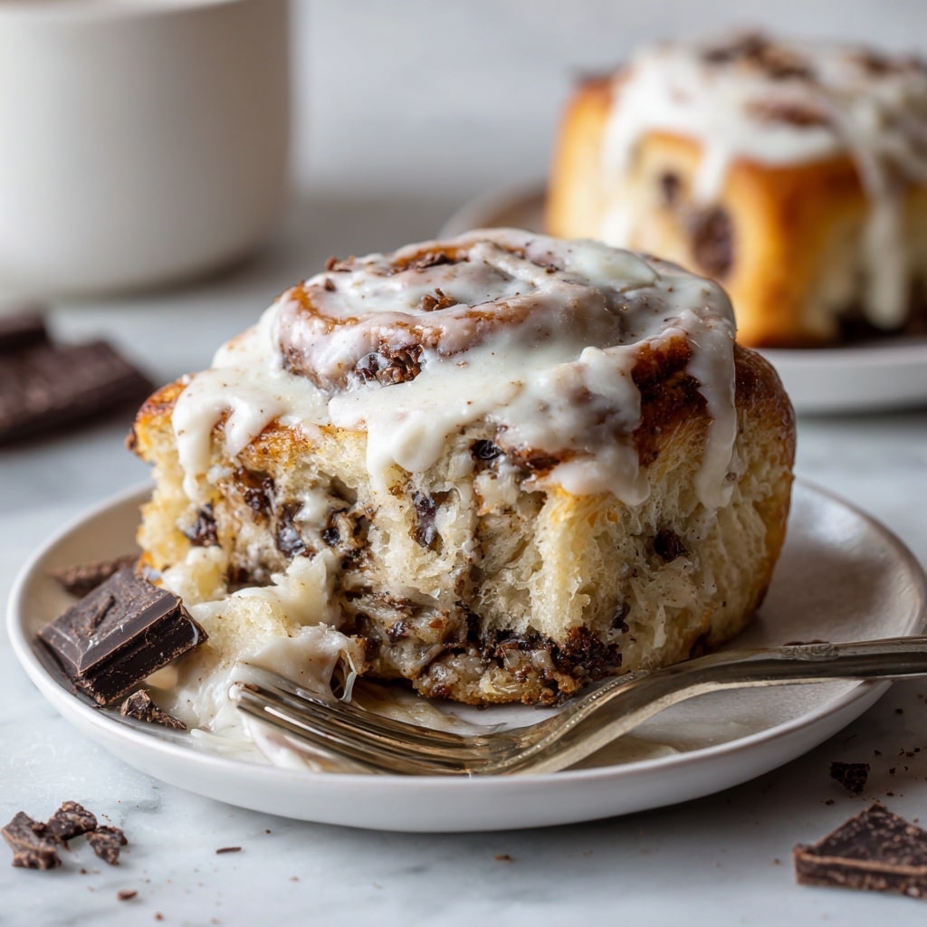 The image shows a close-up of a thick cinnamon roll with visible layers of dough and dark brown chocolate chunks melted between the layers. The roll is topped with smooth, creamy white icing that drips slightly down the sides, adding a shiny texture. The cinnamon roll sits on a white plate with a few dark chocolate pieces scattered around it and a small bite of the roll next to it. A woman's hand holds a fork near the bite. The background is a white marbled surface with another cinnamon roll blurred in the distance. Photo taken with an iphone --ar 4:5 --v 7