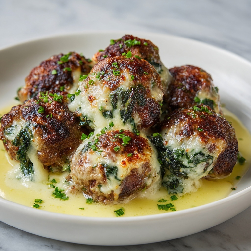 The image shows four cooked meatballs placed closely on a dark plate over a white marbled surface. Each meatball is split open, revealing bright green cooked spinach and light yellow melted cheese inside, with the cheese stretching out from the cut in the closest meatball. The outer layer is browned and textured, speckled with herbs and small bits of green parsley, with some scattered parsley pieces around the meatballs on the plate. The cheese on top is slightly golden and bubbling, giving a rich and tasty look. photo taken with an iphone --ar 4:5 --v 7