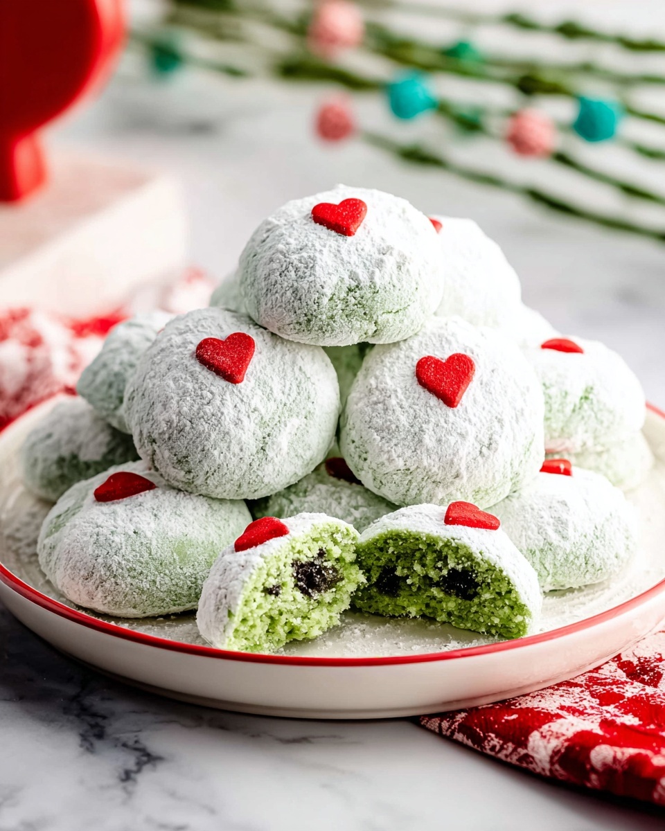 A pile of round, green cookies covered in a thick white powder layer is stacked on a white plate with a red rim. Each cookie has a small red heart decoration on top, adding a bright contrast. Some cookies are whole, while others are broken in half, showing a soft green interior dotted with small dark spots. The plate rests on a white marbled surface with a red and white cloth partially showing in the corner. In the background, out-of-focus green stems with tiny colored spheres add a fresh touch. Photo taken with an iphone --ar 4:5 --v 7