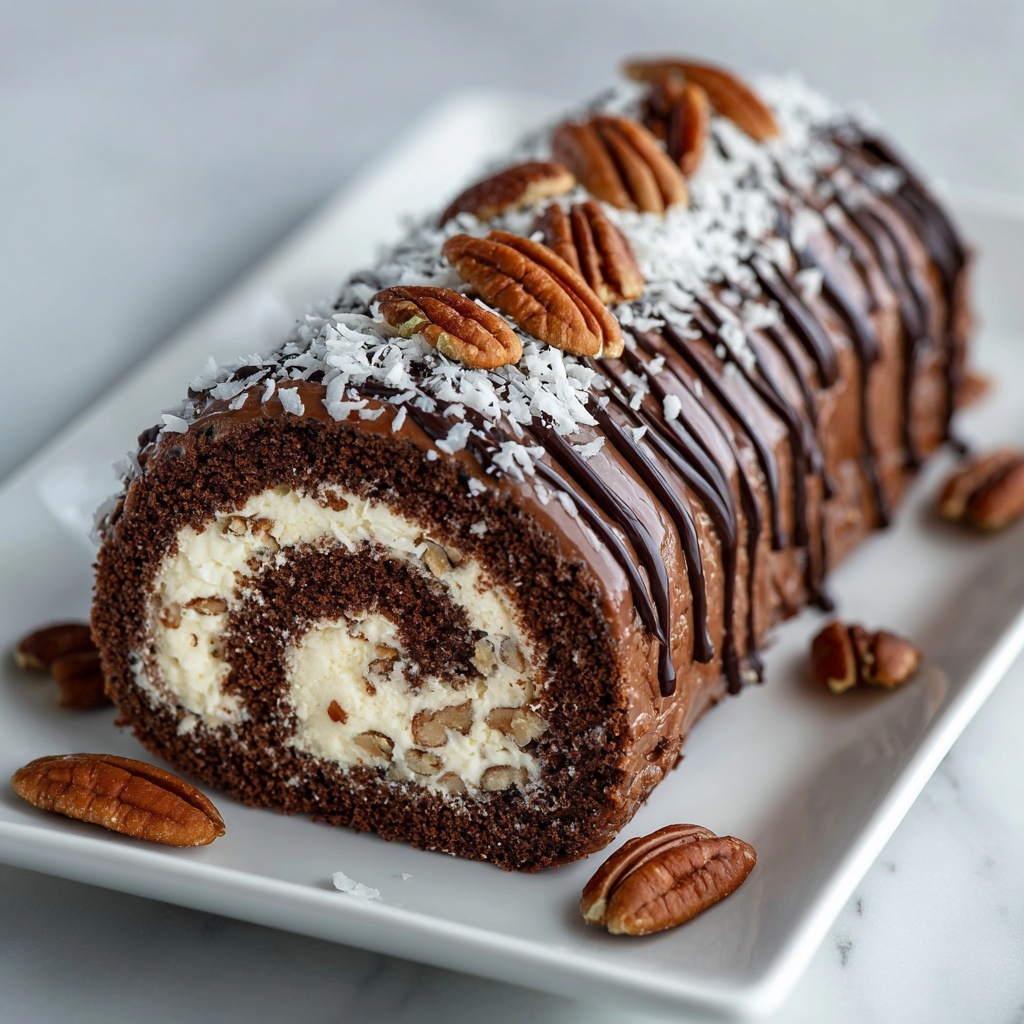 The image shows several slices of a chocolate and cream swirl roll cake placed on a white marbled surface. Each slice has a thick dark brown chocolate cake layer rolled tightly with a creamy light beige filling with a slightly crumbly texture. The outer chocolate layer is coated with small pieces of pecans and white shredded coconut, giving a rough texture on top. Some slices are stacked with visible layers, while others lay flat, showing the spiral pattern clearly. Nearby, there are glass jars filled with chopped pecans and shredded coconut, scattered pieces of pecans are also spread around the cake slices. The photo taken with an iphone --ar 4:5 --v 7