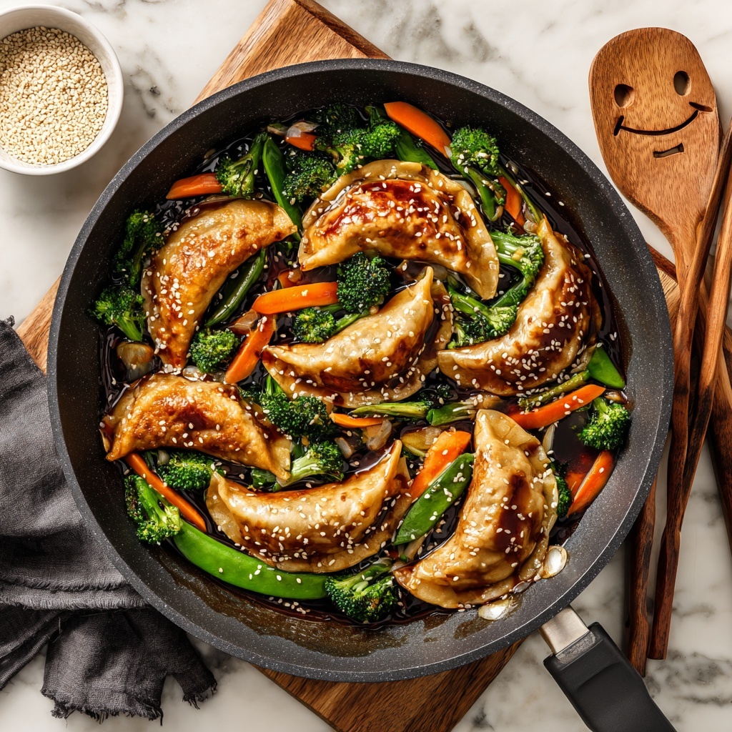 A white bowl filled with several golden-brown fried dumplings spread over a mix of bright green broccoli florets, thinly sliced orange carrots, baby corn, and snap peas, all coated in a glossy dark sauce and sprinkled with white sesame seeds. The bowl sits on a wooden board, accompanied by two dark chopsticks resting inside the bowl at the right side and a wooden spatula with a smiley face cutout lying above the bowl. Off to the left is a small white bowl filled with sesame seeds, and a dark gray cloth is partially visible at the bottom left, all placed on a white marbled surface. Photo taken with an iphone --ar 4:5 --v 7