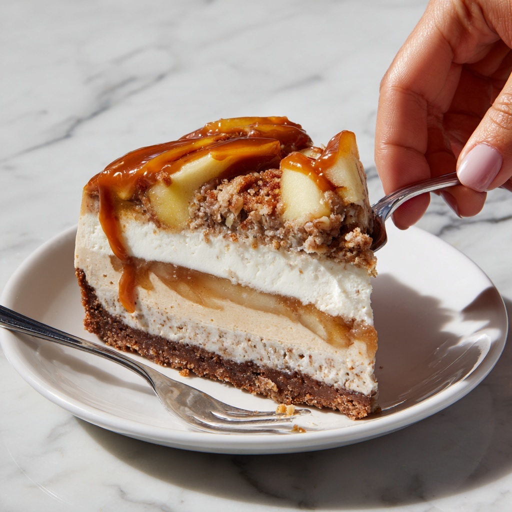 A slice of pie with three clear layers is shown on a white plate. The bottom layer is a light, creamy filling with a smooth texture. The middle layer is a rich, thick mix with darker bits, possibly nuts, giving a chunky texture. The top layer is golden brown and crumbly, like a streusel topping, with drizzles of light caramel sauce adding extra shine and texture. A silver fork is placed on the plate with a small bite of the pie on it, held by a woman's hand. The background shows a white marbled surface. Photo taken with an iphone --ar 4:5 --v 7