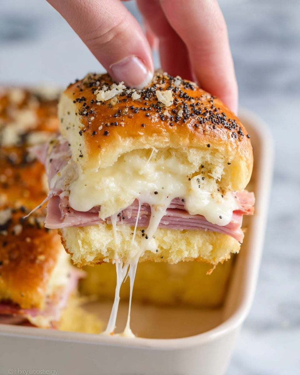 A close-up view shows a square sandwich roll being held by a woman's hand, lifting it from a white dish. The sandwich has three layers: the top golden-brown bun sprinkled with black poppy seeds and bits of garlic, the middle layer of melted white cheese with a stretchy texture, and thin pink ham slices underneath. The bottom layer is a soft, light yellow bread base. The melted cheese pulls away from the sandwich slightly, showing its gooey texture. The dish sits on a white marbled surface. photo taken with an iphone --ar 4:5 --v 7