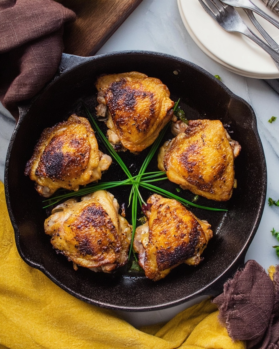 This image shows five pieces of cooked chicken thighs with golden brown crispy skin arranged in a circular pattern inside a black cast iron skillet. Underneath the chicken pieces, there are a few dark green chive stalks placed in the center, creating a star-like shape. The skillet is set on a white marbled textured surface with a folded brown cloth partially visible under one side and a yellow cloth on the other side. To the right, there is a white plate with a knife and fork sitting on it. Photo taken with an iphone --ar 4:5 --v 7