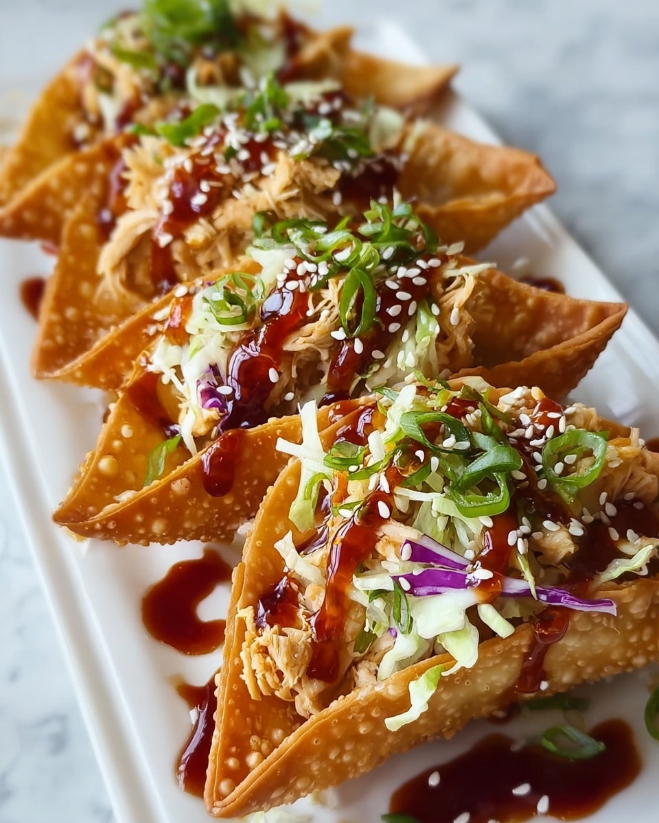 Four crispy golden brown fried wonton shells are folded into taco shapes and filled with shredded chicken, light green shredded cabbage, and small bits of purple cabbage. The tacos are topped with chopped green herbs and green onion, drizzled with a shiny dark red sauce, and sprinkled with white sesame seeds. The dish is served on a white plate with a white marbled texture surface in the background. photo taken with an iphone --ar 4:5 --v 7