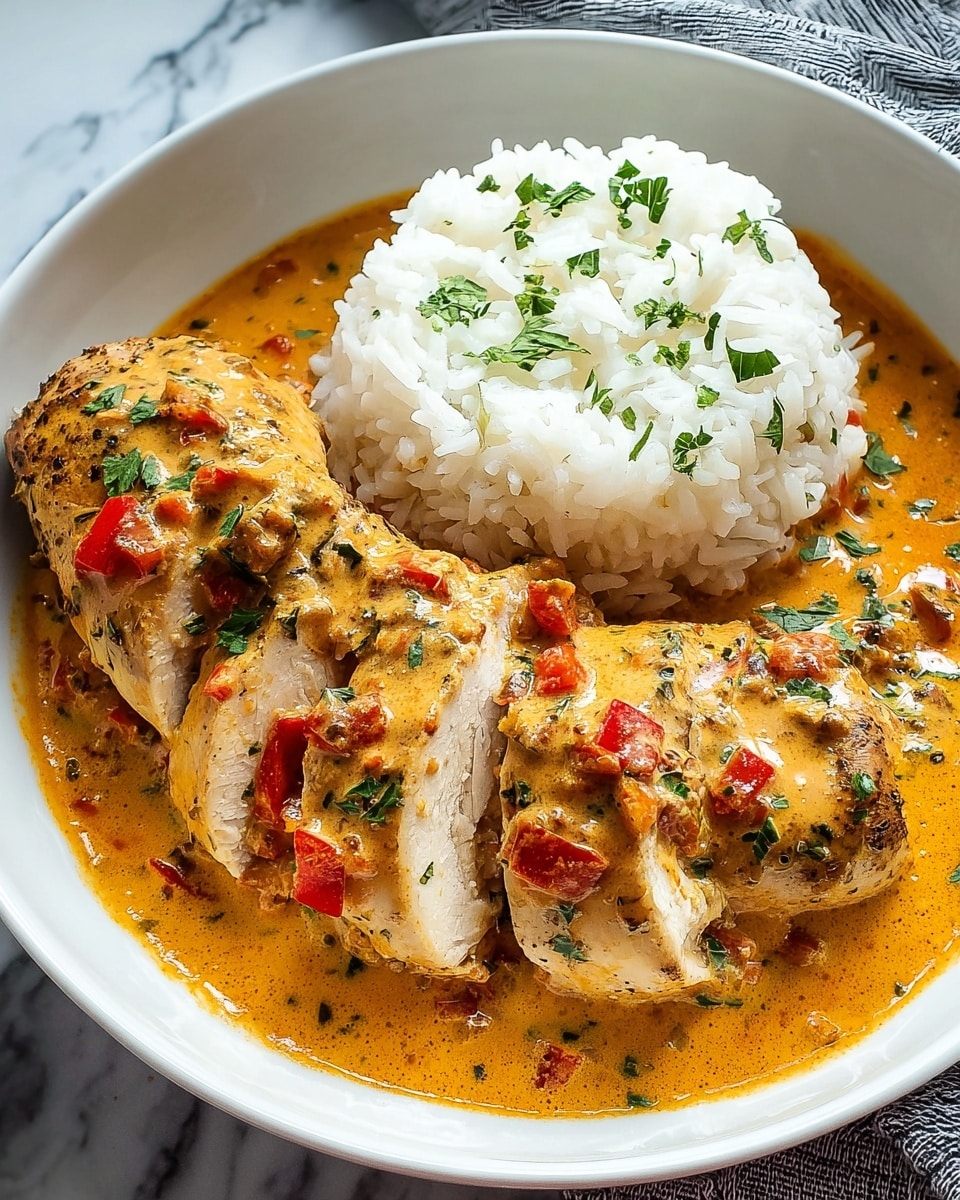 The image shows a white bowl filled with three thick slices of cooked chicken breast, covered in a creamy orange sauce with visible red bell pepper pieces and green herbs scattered on top. Next to the chicken is a neat mound of fluffy white rice garnished with small green herb pieces. The sauce has a smooth and slightly thick texture, pooling around the chicken and rice. The bowl is placed on a soft white marbled surface with a hint of a gray patterned cloth under it. photo taken with an iphone --ar 4:5 --v 7