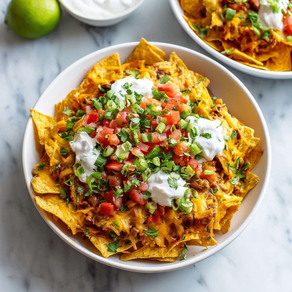 A white bowl filled with many layers of nachos, starting with crispy triangular chips at the bottom, topped with a mix of melted yellow cheese, diced red tomatoes, white sour cream dollops, green chopped herbs, and small brown beans scattered all over. The chips are covered thickly with cheese that looks creamy and slightly melted, and the vegetables add bright colors and freshness to the dish. The bowl sits on a white marbled surface with a blurred background showing a lime and a white container. Photo taken with an iphone --ar 4:5 --v 7