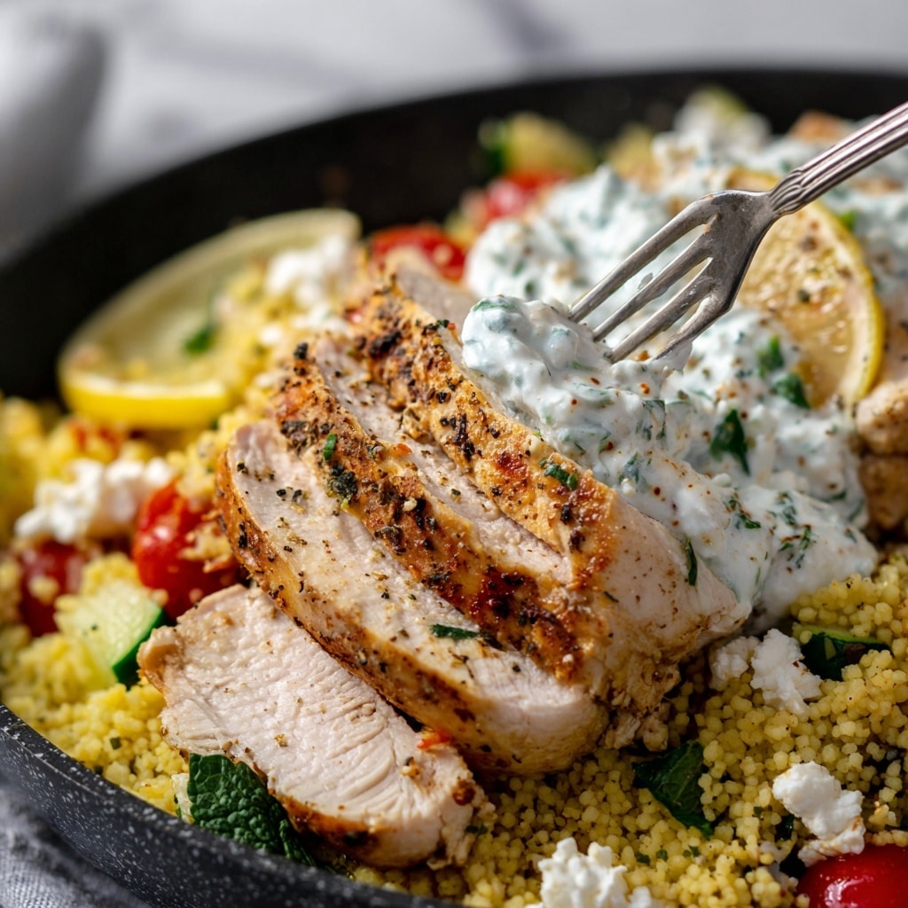 The image shows a close-up of cooked chicken breast slices held by a silver fork. The chicken is light brown with black pepper and small green herb pieces on top. Underneath the chicken, there is a layer of yellowish couscous mixed with small green leaves and bits of red and green vegetables, like cherry tomatoes and possibly zucchini. Parts of white crumbled cheese and a slice of lemon are visible among the couscous. The food is in a black pan with a rough texture. The background is softly blurred with a white marbled texture. photo taken with an iphone --ar 4:5 --v 7