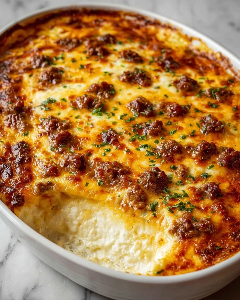 The image shows a white oval baking dish filled with a baked casserole that has a golden brown, bubbly top layer dotted with small browned meat chunks and sprinkled with green herb bits. One corner has a scoop taken out, revealing a thick, creamy white layer beneath the browned cheese and meat crust. The dish rests on a white marbled surface, highlighting the rich, textured layers of melted cheese, browned meat, and creamy filling underneath. Photo taken with an iphone --ar 4:5 --v 7