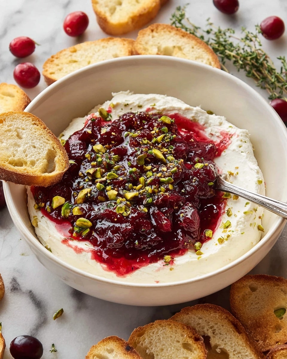 A white bowl filled with a smooth, creamy white cheese spread forms the base layer, with a vibrant, glossy dark red cranberry sauce generously spread on top, covering about half of the cheese layer. The cranberry sauce has a thick, jelly-like texture. Scattered over the sauce and cheese are coarsely chopped bright green pistachios and small sprigs of fresh green thyme, adding texture and color contrast. A silver knife rests inside the bowl, partially embedded in the cheese layer. Around the bowl, there are several slices of toasted light golden-brown baguette on a white marbled surface, along with some fresh whole cranberries and sprigs of thyme placed nearby. photo taken with an iphone --ar 4:5 --v 7