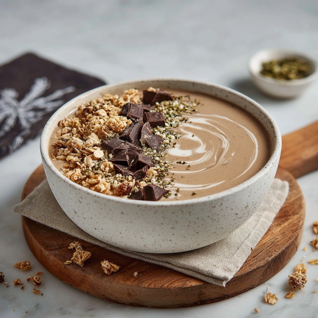 A white speckled bowl filled with a smooth, creamy chocolate smoothie base, slightly swirled on the right side; the left side is topped with a crunchy layer of granola, scattered dark chocolate chunks, and a light sprinkle of green hemp seeds, all sitting on a wooden round board over a beige cloth with some granola crumbs around. In the background, on a white marbled surface, there is a dark cloth with white patterns and a small white bowl containing green seeds. Photo taken with an iphone --ar 4:5 --v 7