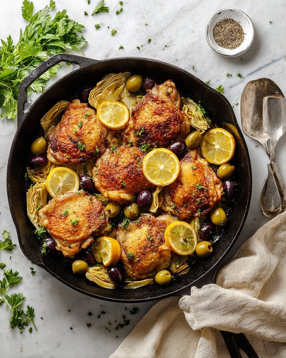 A black cast iron skillet holds six pieces of golden-brown roasted chicken thighs arranged in a circle on top. The chicken is crispy and well-seasoned. Under and between the chicken pieces, there are slices of light yellow lemon, both thin and slightly caramelized, sitting on a bed of beige artichoke pieces and mixed olives in dark purple and green tones. Sprigs of bright green parsley leaves are scattered around the skillet as garnish. The skillet is set on a white marbled surface with a large silver spoon nearby, green parsley sprigs and a small white bowl of ground pepper visible in the frame. A light beige cloth is partly under the skillet on the right side. Photo taken with an iphone --ar 4:5 --v 7