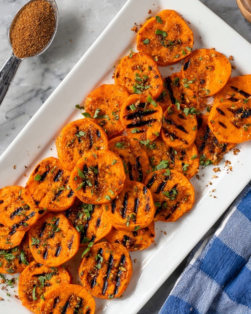 A white rectangular plate filled with one layer of round grilled sweet potato slices. Each slice is bright orange with dark char marks and small bits of green herbs sprinkled on top. The sweet potatoes have a slightly rough texture from grilling. The plate sits on a white marbled surface with a metal spoon filled with brown seasoning on the left and a blue and white checked cloth near the bottom right corner. photo taken with an iphone --ar 4:5 --v 7
