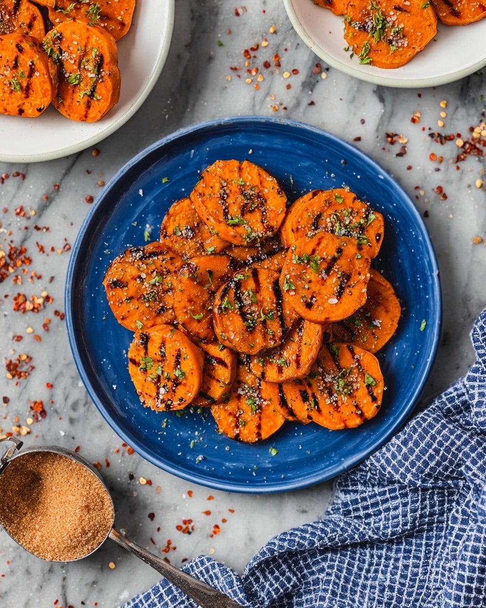 The image shows a blue round plate filled with two layers of bright orange grilled sweet potato slices, each slice charred with black grill marks and sprinkled with small pieces of green herbs and coarse white salt. The plate is placed on a white marbled surface scattered with red chili flakes and salt crystals, with a small metal scoop filled with brown sugar resting nearby. There is a white plate partially visible in the top right and bottom left corners containing similar sweet potato slices with herbs and seasoning. A blue and white checkered cloth lies crumpled to the right. photo taken with an iphone --ar 4:5 --v 7