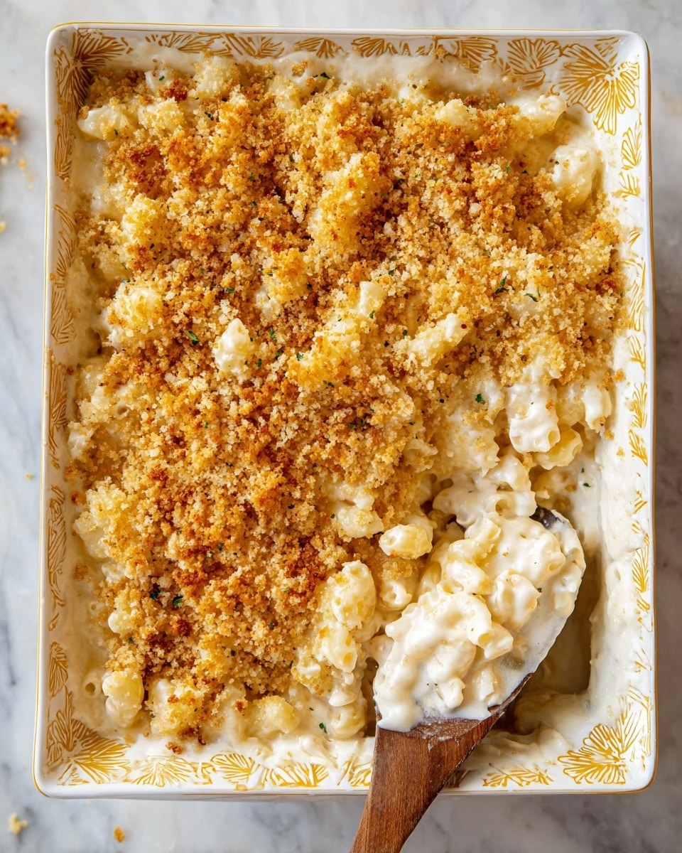 The image shows a creamy baked macaroni and cheese in a white square baking dish with a yellow leaf pattern around the top edge. The dish has one thick layer of soft macaroni pasta covered in a rich, smooth white cheese sauce with small visible herbs. The top layer consists of a golden-brown crumbly topping made of breadcrumbs, giving a crunchy texture. A wooden spoon is scooping some of the macaroni and cheese from the bottom right corner, showing the creamy sauce underneath the crumbly topping. The dish sits on a white marbled surface with some crumbs on it. Photo taken with an iphone --ar 4:5 --v 7
