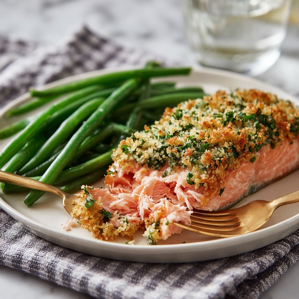 A large piece of golden-brown crusted salmon is placed on a bed of fresh green leafy herbs, surrounded by thin red and white radish slices and yellow lemon wedges on a wooden board set on a white marbled surface. The salmon has a crunchy herb topping with visible green bits. In the foreground, a cut section of the salmon is being drizzled with creamy yellow sauce from a small white pitcher held by a woman's hand. Photo taken with an iphone --ar 4:5 --v 7