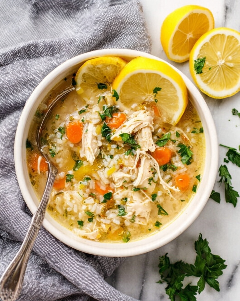The image shows a white bowl filled with clear golden broth at the bottom layer, topped with small white rice grains and shredded white chicken pieces mixed with small orange carrot cubes and sprinkled green herbs. On the edge of the bowl rests a thin lemon wedge and a small sprig of rosemary. The bowl is set on a white marbled surface next to golden cutlery, and another similar bowl is partially seen in the background. photo taken with an iphone --ar 4:5 --v 7