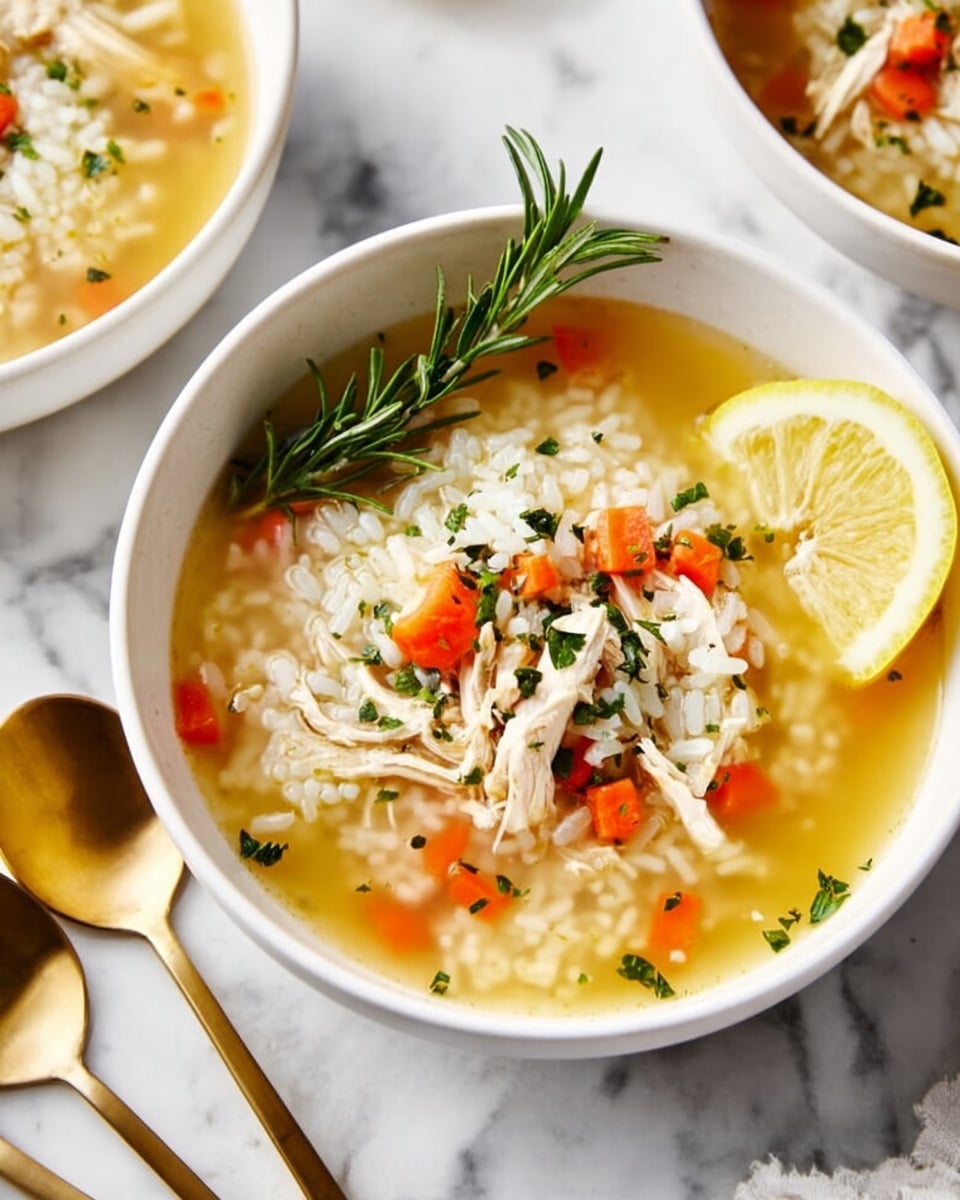 The image shows a white bowl filled with chicken soup, placed on a grey cloth on a white marbled surface. The soup has shredded white chicken pieces and small orange carrot chunks mixed with light yellow rice or grains, floating in a clear broth. Bright yellow lemon slices and small green parsley leaves are scattered on top of the soup and around the bowl. A shiny silver spoon rests inside the bowl, and the overall scene looks fresh and warm. photo taken with an iphone --ar 4:5 --v 7