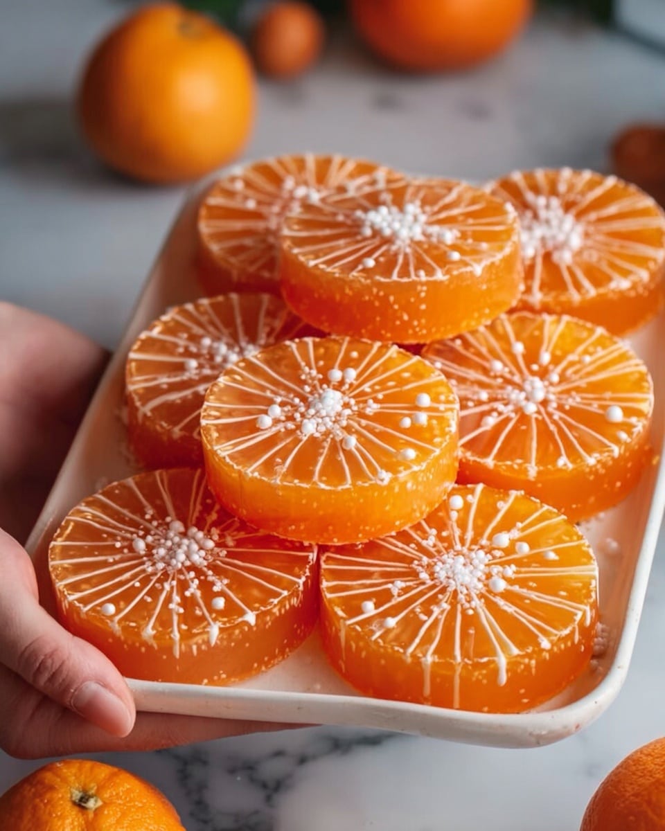 The image shows a white rectangular tray filled with round orange jelly desserts that look like orange slices, each topped with white icing lines and small white sugar beads mimicking the orange's segments. The jelly slices are stacked in layers, with some resting on top of others, showing their smooth, translucent texture with a shiny surface. A woman's hand is holding the tray from the side. The background is a white marbled texture, and a few whole oranges are partially visible at the bottom of the image. Photo taken with an iphone --ar 4:5 --v 7