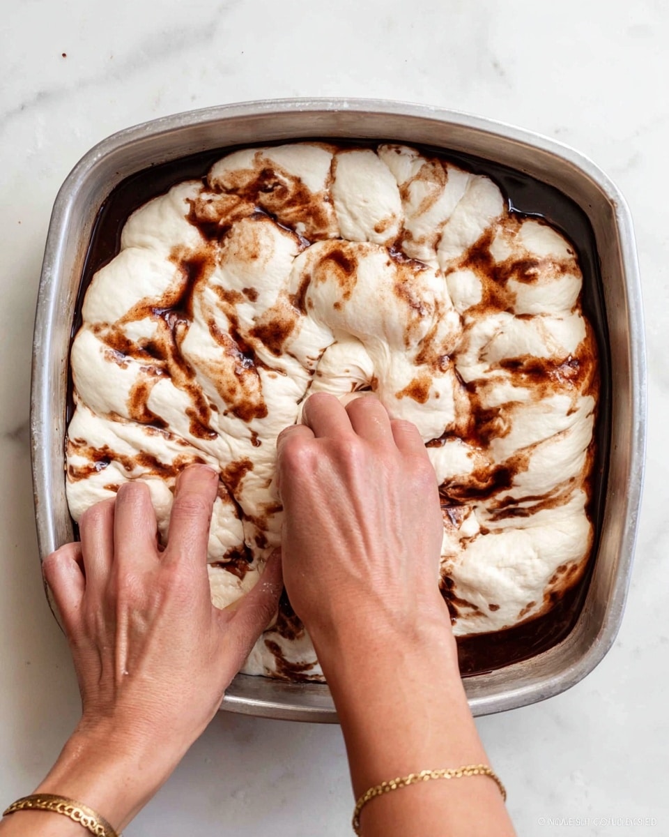 The image shows a silver baking pan filled with soft white dough that is thick and pillowy, with uneven puffed surfaces. Swirled on top are dark brown streaks of cinnamon or chocolate sauce, adding a marbled effect across the dough. Two woman's hands with light skin are pressing down and poking holes into the dough, one wearing a delicate gold bracelet. The pan sits on a white marbled surface, bright and clean. Photo taken with an iphone --ar 4:5 --v 7