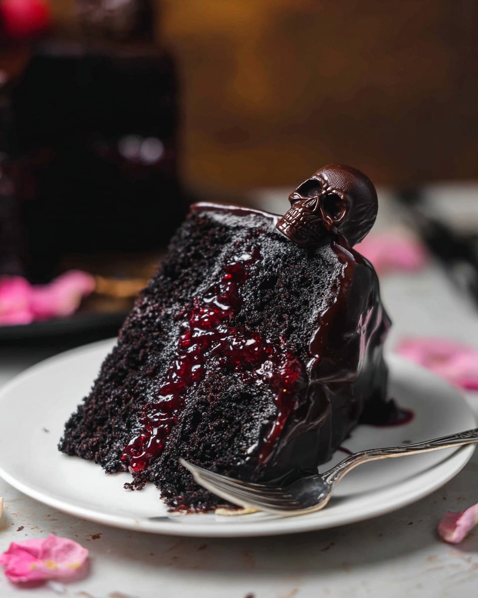 The image shows a dark black cake with two thick layers of moist black sponge, separated by a glossy deep red berry filling. The top of the cake is covered in smooth black icing and decorated with clusters of blackberries and detailed dark chocolate skulls spaced evenly around the edge. A slice is cut out, revealing the red filling inside. The cake sits on a round marble textured board on a white marbled surface. In the foreground is a blurred white plate holding the cut slice of cake. The overall look is rich and spooky with deep, dark colors. photo taken with an iphone --ar 4:5 --v 7