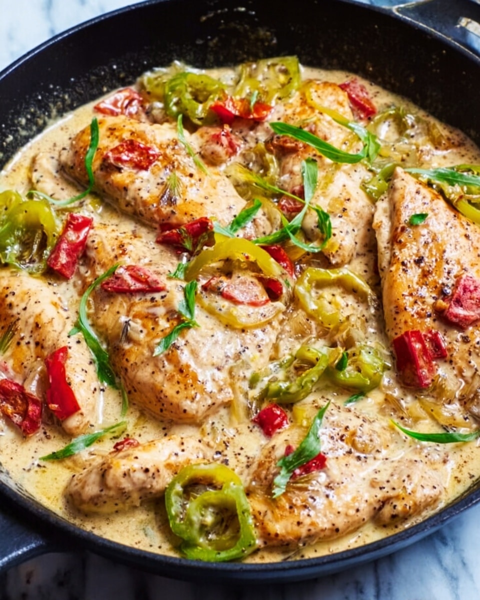 The image shows a black skillet filled with creamy cooked chicken breasts. The chicken pieces are topped with a thick sauce that has a light beige color with visible black pepper specks. Bright green sliced peppers and small pieces of red pepper are scattered on top, adding color contrast. Thin green herb leaves are also sprinkled over the dish. The skillet is placed on a white marbled surface. Photo taken with an iphone --ar 4:5 --v 7