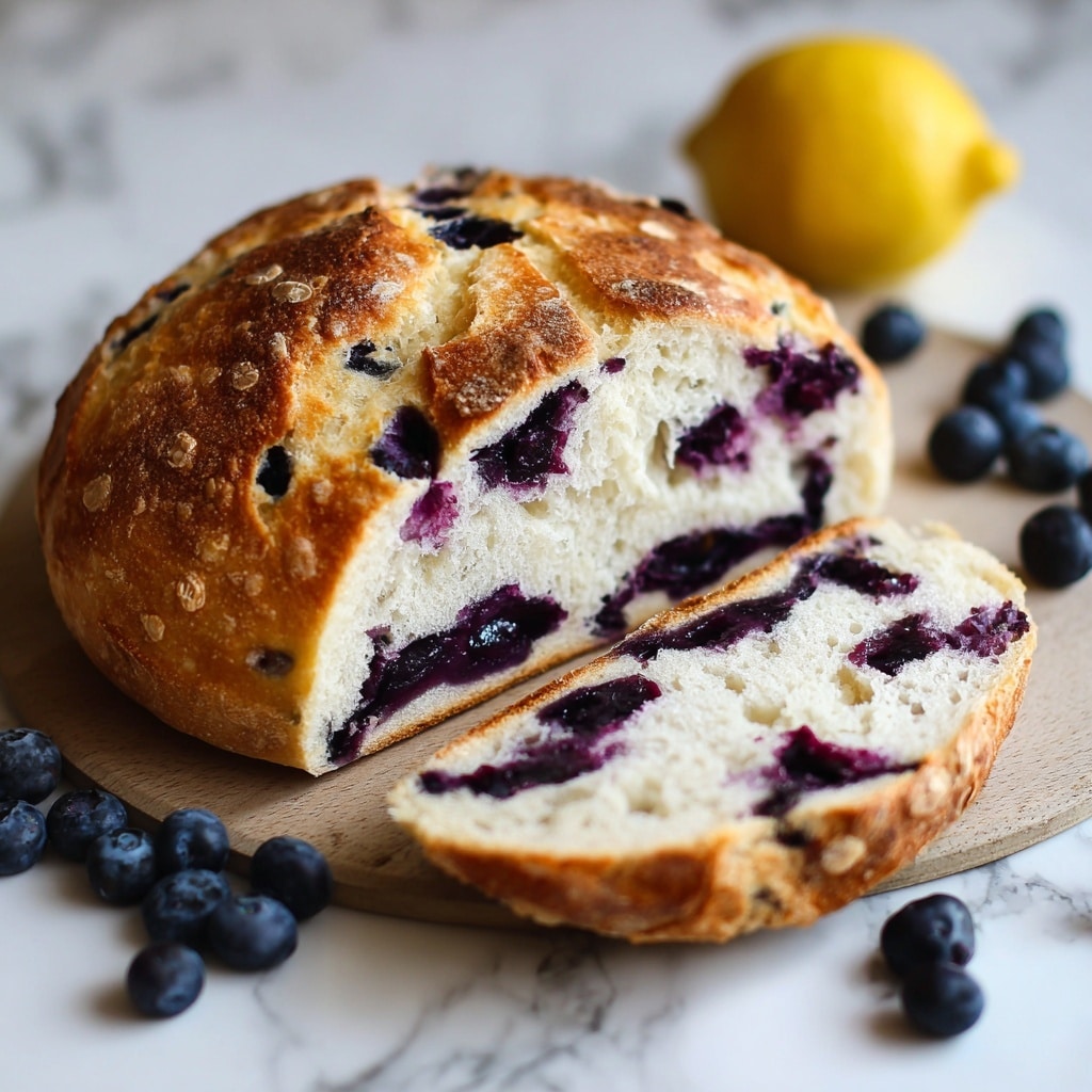 A loaf of bread sliced open to show a soft white interior with visible layers of dark purple blueberries spread throughout the bread. The crust is golden brown and slightly cracked on top, showing the texture of baked bread. There are a few small pieces cut from the main loaf, placed on a wooden surface along with scattered fresh blueberries. In the background, there is a whole lemon placed near the loaf, all resting on a white marbled textured surface. Photo taken with an iphone --ar 4:5 --v 7