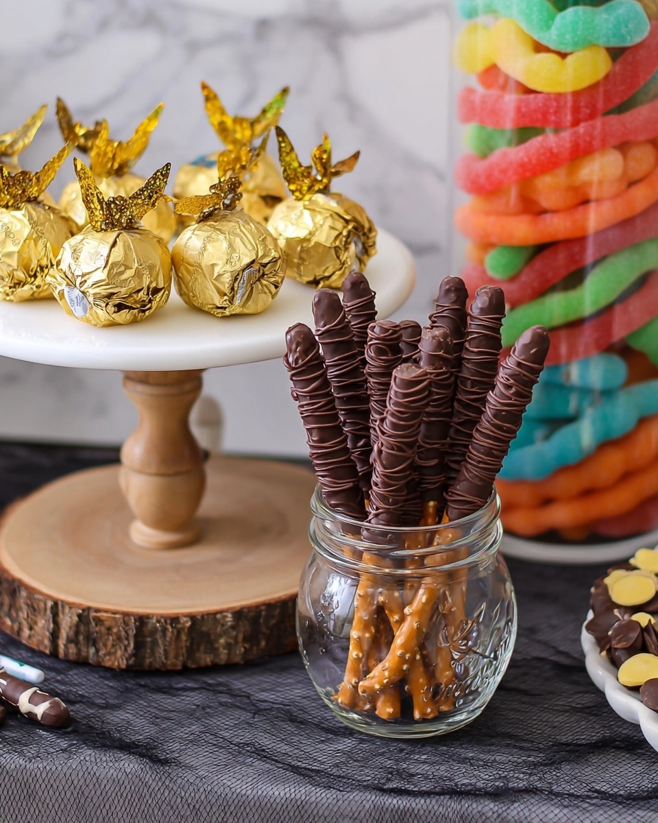 The image shows a clear glass jar filled with chocolate-covered pretzel sticks standing upright, each pretzel stick having a light brown color on the bottom half and a smooth dark brown chocolate coating with a drizzle of chocolate lines on the top half. To the left, on a white cake stand with a wooden top, there are golden foil-wrapped round chocolates decorated with small golden glittery wings. Behind the jar, there is a tall glass container filled with colorful gummy worms in shades of red, orange, yellow, green, and blue. The items rest on a dark gray textured table with a white marbled background. Photo taken with an iphone --ar 4:5 --v 7