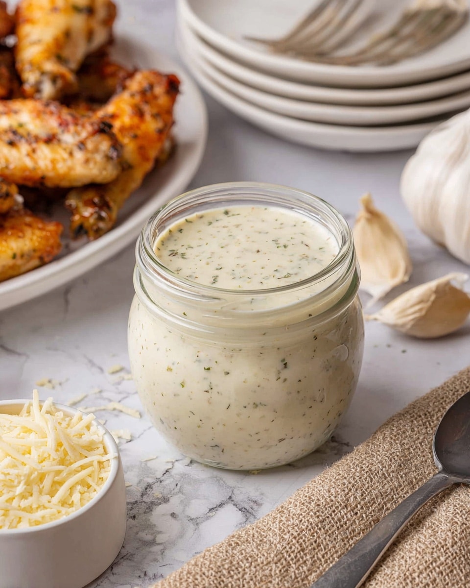 A small clear glass jar filled with a thick creamy white sauce speckled with green herbs and black pepper sits centered on a white marbled surface. To the left, a white plate holds several crispy golden-brown chicken wings with visible pepper seasoning. Behind the jar, a small white bowl contains a heap of grated pale yellow cheese. On the right side, a stack of white plates with a fork resting on top is partially visible. Two bulbs of garlic, one whole and one cut, lie on the surface in the bottom right corner. In the foreground, a silver spoon rests on a beige textured cloth. Photo taken with an iphone --ar 4:5 --v 7