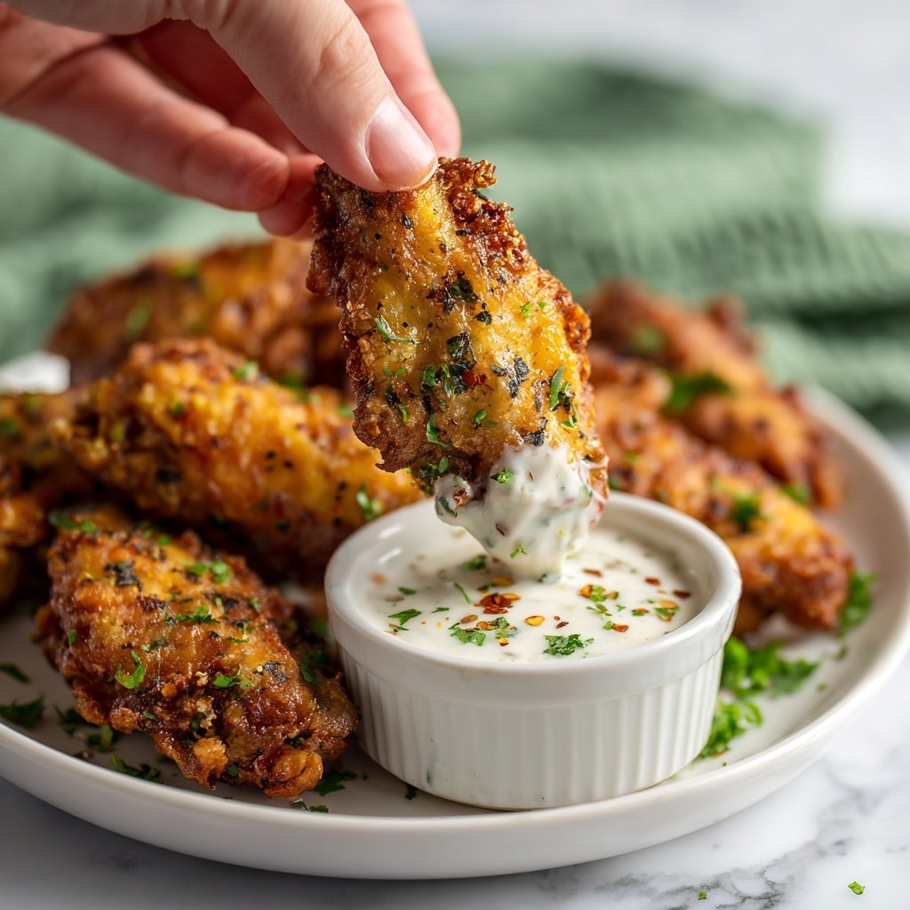 A close-up image of a crispy fried cauliflower wing being dipped into a creamy white garlic sauce with red pepper flakes and green herbs. The cauliflower wing has a golden-brown, textured crust with visible seasoning and herbs. This wing is held by a woman’s hand above a white plate that holds several more cauliflower wings, each coated similarly with golden crust and herbs. In front of the wings on the plate is a small white sauce bowl filled with the thick, creamy sauce topped with herbs and red pepper flakes. The whole scene is set on a white marbled surface with a green textured cloth blurred in the background. Photo taken with an iphone --ar 4:5 --v 7
